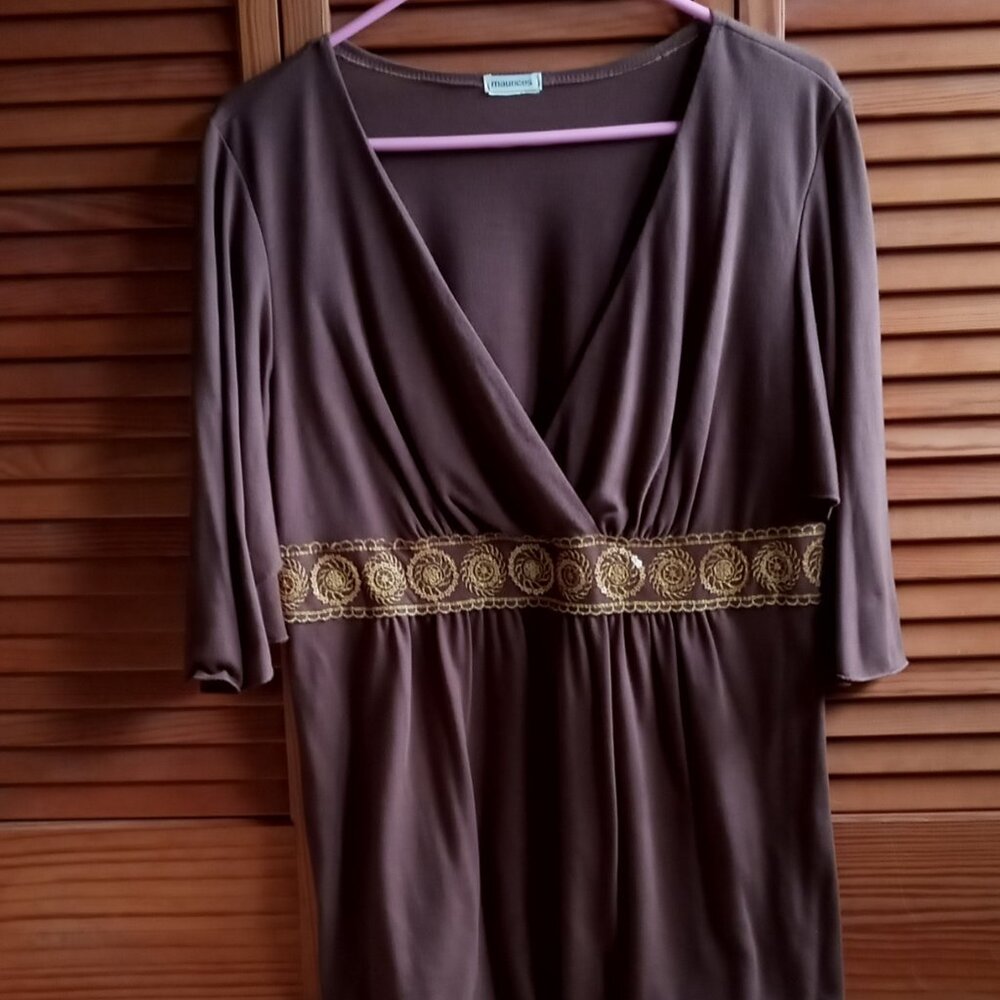 Pretty Maurices Women's Kimono Sleeve Brown Empire Waist Top w/Gold Details - Picture 6 of 15